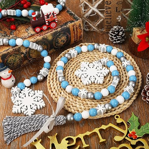 Miniatura 7 de Whaline 2 guirnaldas de cuentas de madera de invierno con borla de copo de nieve, árbol de Navidad, guirnalda de copos de nieve azul, blanco y