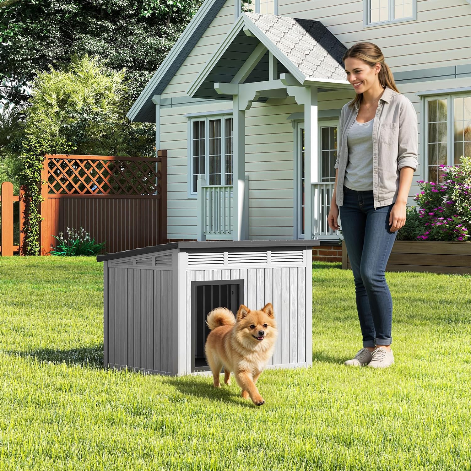 Bifanuo Dog House Outdoor Indoor for Medium Dog - Weatherproof & Removable Roof, Easy Assemble and Clean for Small to Medium Dogs(Grey, 32.1" L × 25.1" W × 24" H)