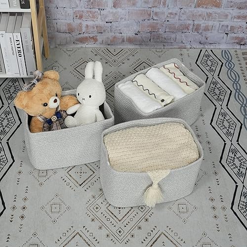 Miniatura 5 de Cesta de almacenamiento de cuerda de algodón, cesta tejida para organizar estantes, 15 x 10 x 9.3 pulgadas, cestas decorativas rectangulares