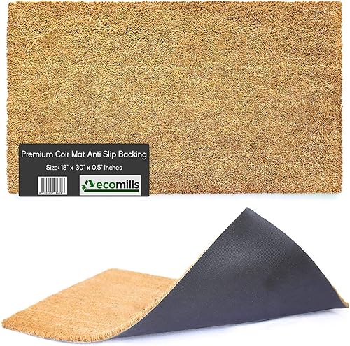 Ecomills Tapete de fibra de coco para puerta, 17 x 30 x 0.5 pulgadas, resistente, interior y exterior, tamaño grande, respaldo antideslizante,