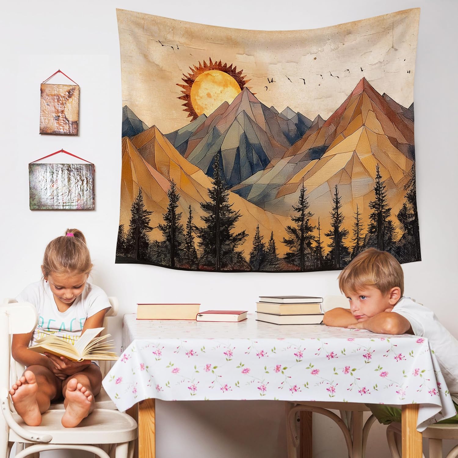 WARDOS Boho Sun Tapestry, Boho Mountain Tapestry Wall Hanging, Retro Abstract Modern Sunshine Sunset Mountain Forest Landscape Wall Blanket Decor for Home Living Room Bedroom, 50x60 Inch