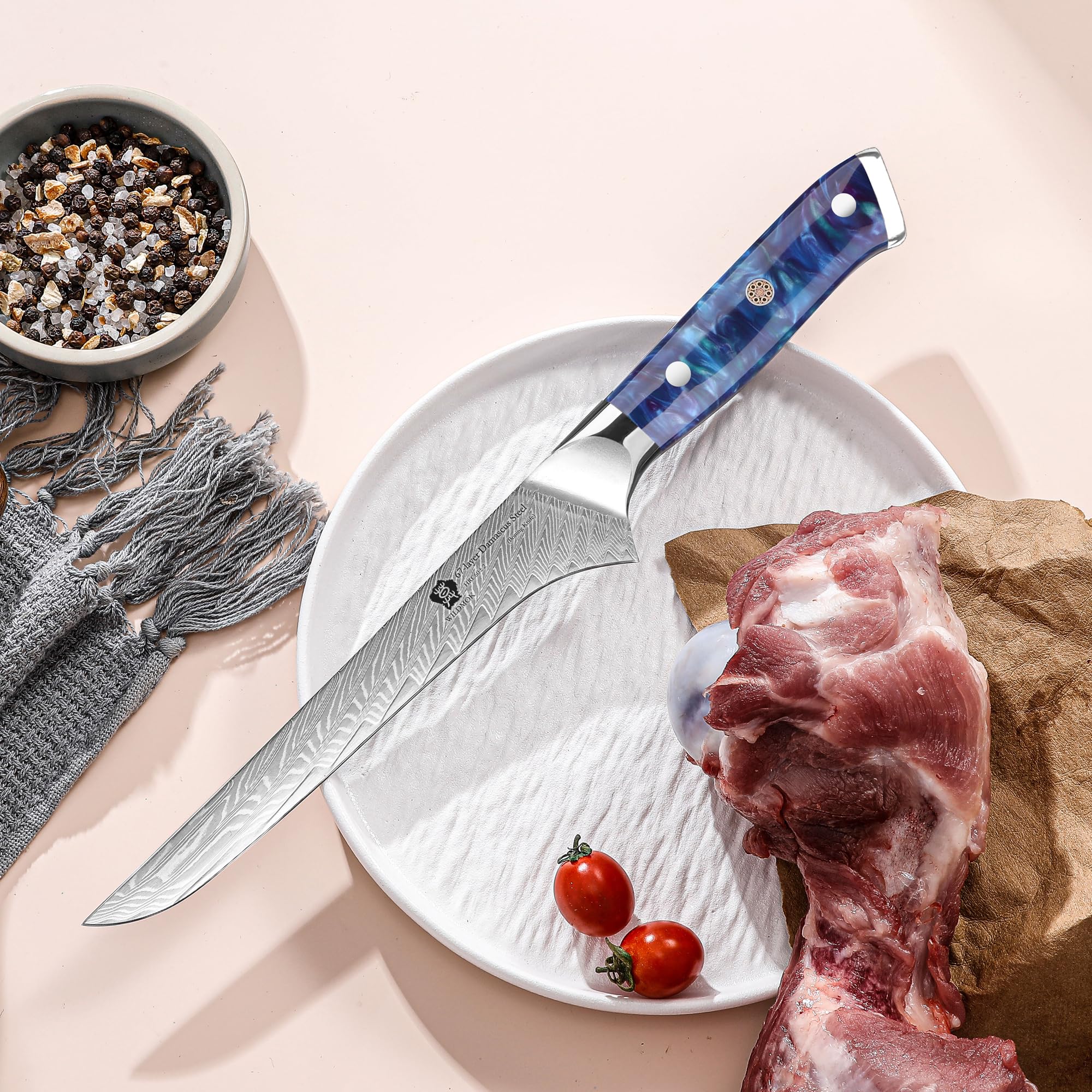 WILDMOK Damascus Boning Knife, 7 inch Super Sharp Fillet Knife, Japanese Damascus Steel, Full Tang Resin Handle, Includes Gift Box — Amazon image 6