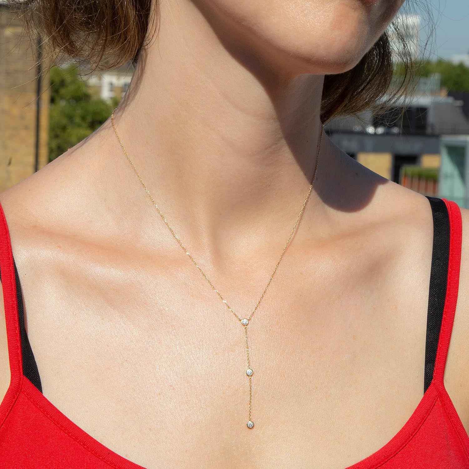 CARISSIMA Women's 9ct Yellow Gold Triple CZ/Pearl Long Y Necklace 43cm/17-46cm/18