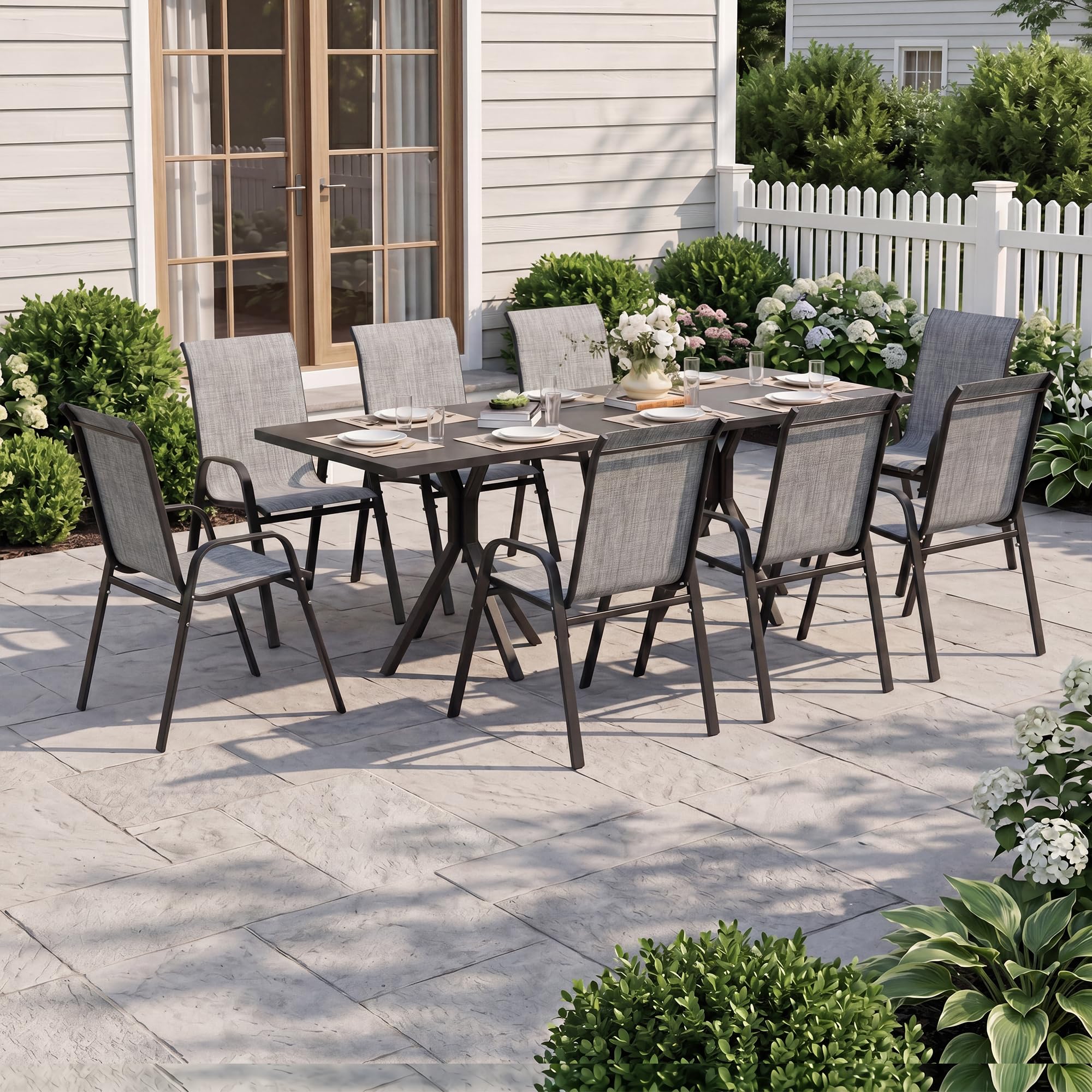 ALAULM Stackable Garden Chairs Set, All-Weather Outdoor Dining Set with High Back & Armrests,Breathable Textilene & Steel Frame for Patio, Balcony, Poolside (Grey, Set of 8)