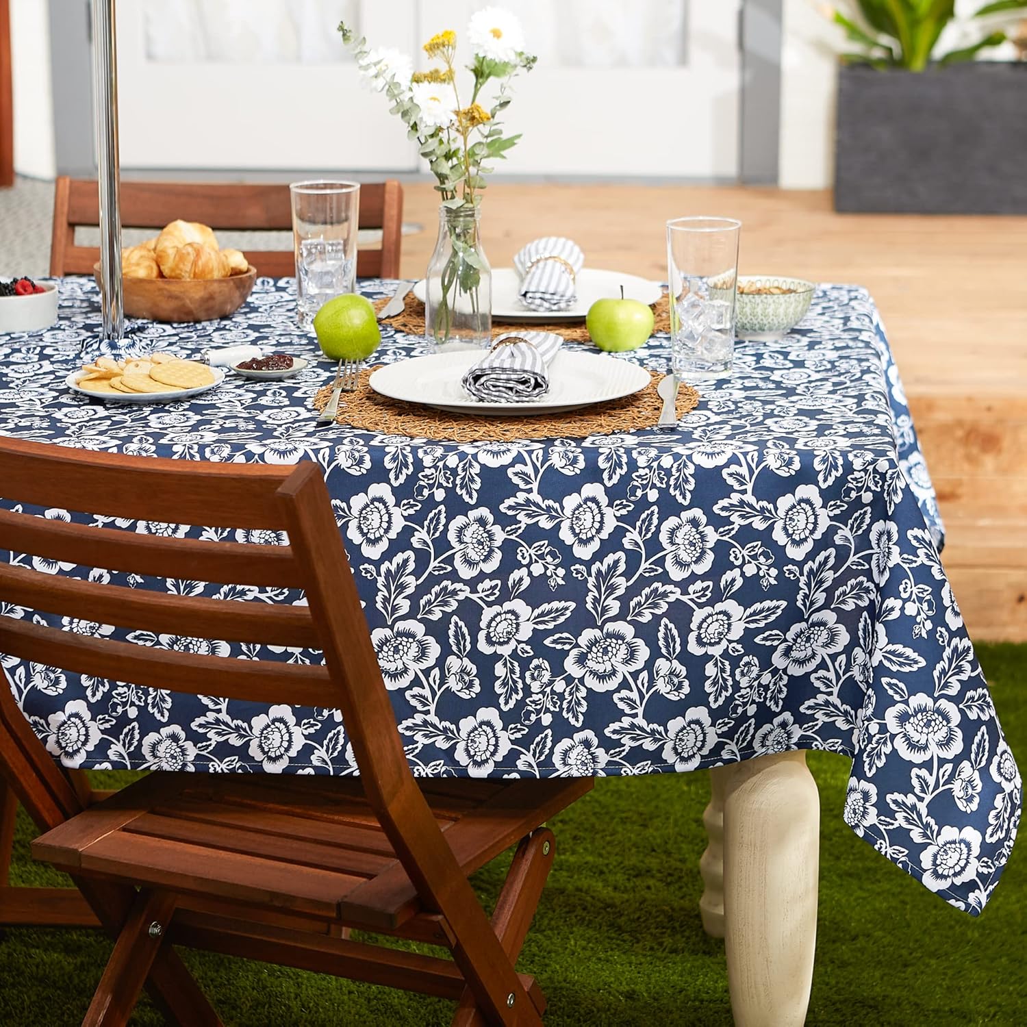DII Floral Outdoor Zippered Tabletop Collection, Water Resistant, Tablecloth, 60 x 84, Nautical Blue