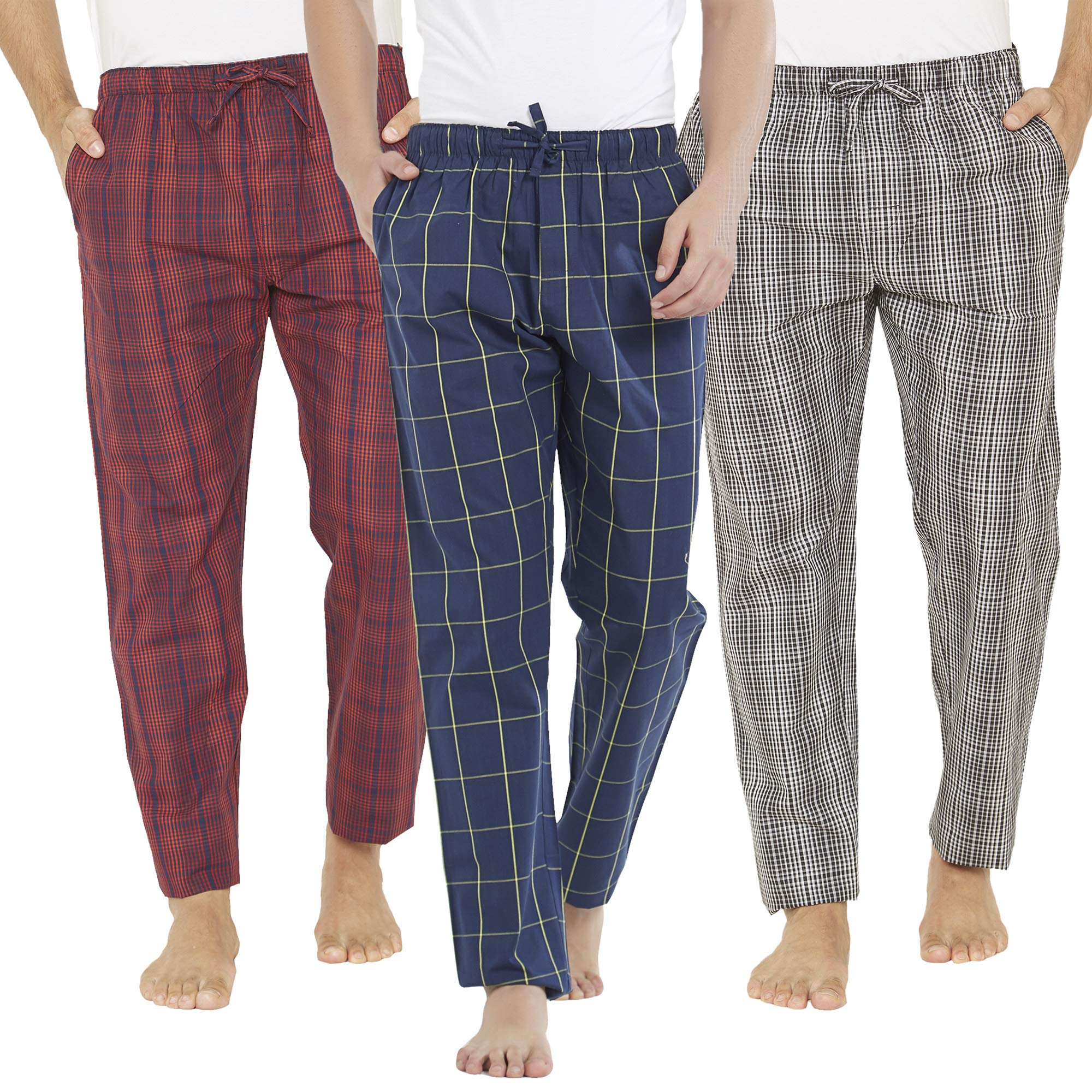 Men's Super Combed Cotton Checkered Checkmate Pyjamas [Pack of 3] Elasticated Waist, Drawstring | Loungewear for Men in Black, Lime & Red Checks-image-14