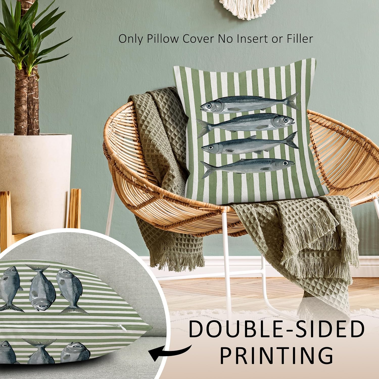 Vintage Sardine Fish Throw Pillow Covers, Coastal Fishes Pillow Case Cover for Nursery, Green Striped Fish Square Pillowcase, Farmhouse Sardine Cushion Cover Case for Bed Couch, 18x18 Inch - Image 3