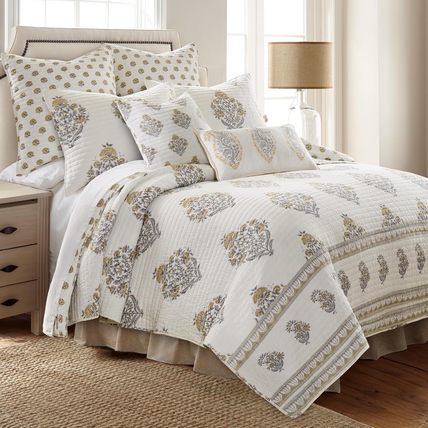 Levtex Home - Kamira Ochre Quilt Set - Full/Queen Quilt and Two Standard Shams - Bordered Floral - Ochre, Grey and Cream - Quilt (88x92in.) and Shams (20x26in.) - Reversible - Cotton - Image 2