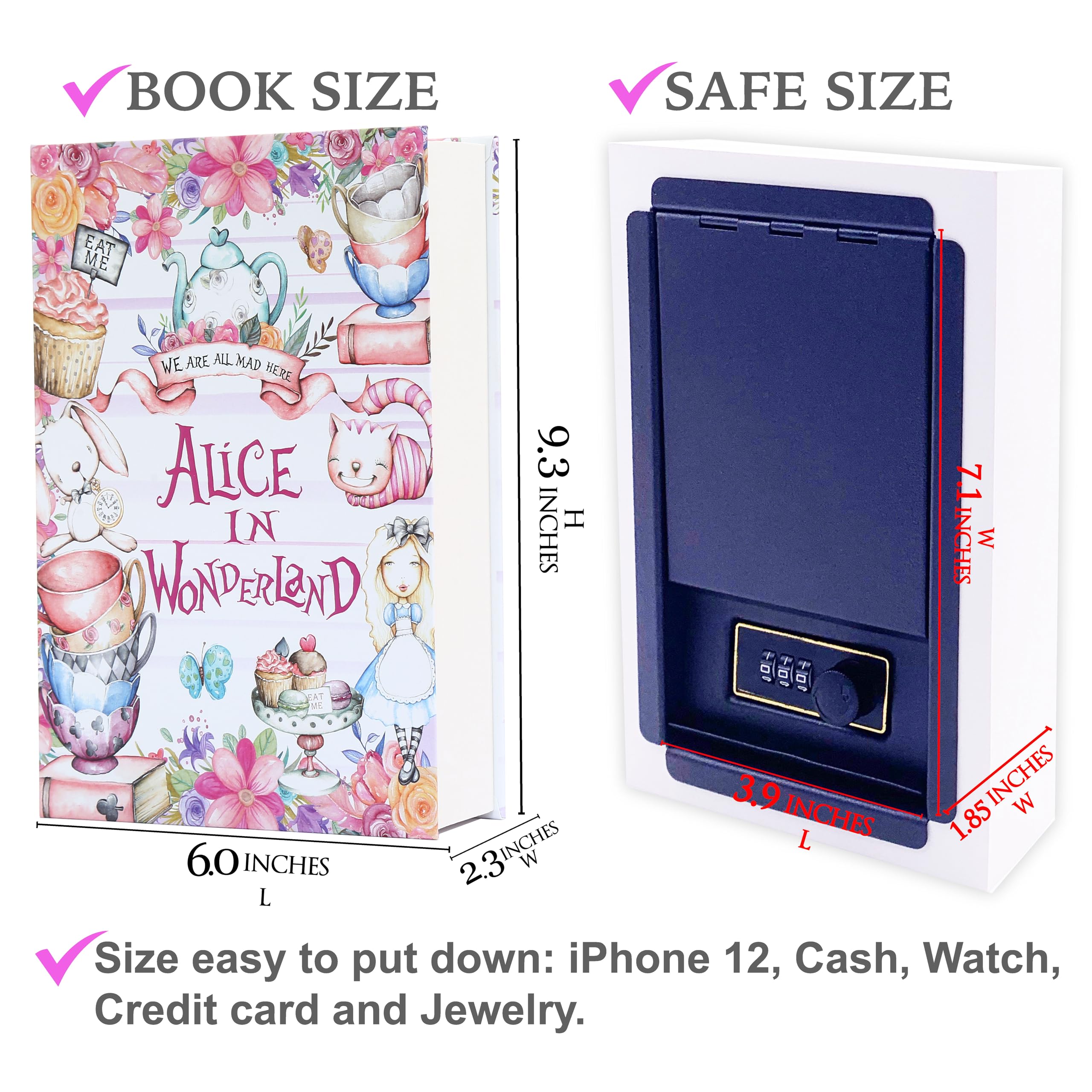 ALICE Diversion Book Cassaforte con pagine reali, scatola di chiusura a combinazione, cassetta di sicurezza nascosta segreta con serratura a chiave, cassetta di sicurezza portatile in metallo