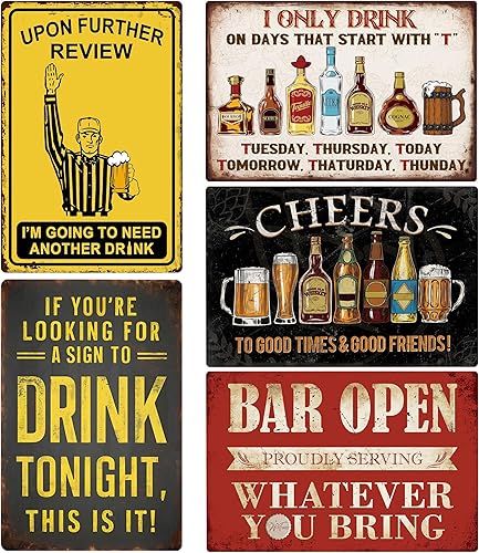 Juego de 5 letreros de barra de metal vintage, divertidas decoraciones de bar para el hogar, decoración de cueva de hombre y garaje, regalos de