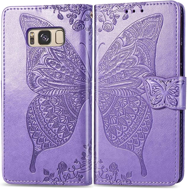 ZTOFERA Flip Case for Samsung S8, Butterfly Embossment Pattern Wallet Case with[Magnetic Closure][Card Slots][Kickstand][Wrist Strap], Slim Cover for Samsung Galaxy S8 - Purple