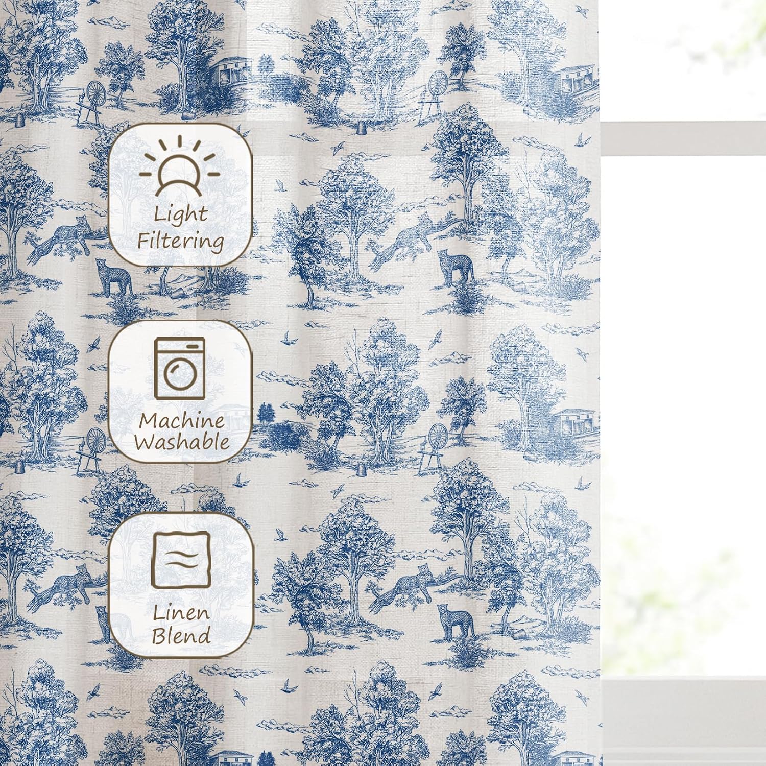 LOVOUS Vintage Blue Toile Curtains 84 Inch Length Linen Toile de Jouy Light Filtering French Country Window Curtain for Living Room Bedroom Rod Pocket Victorian Window Treatments Drapes,2 Panels Set