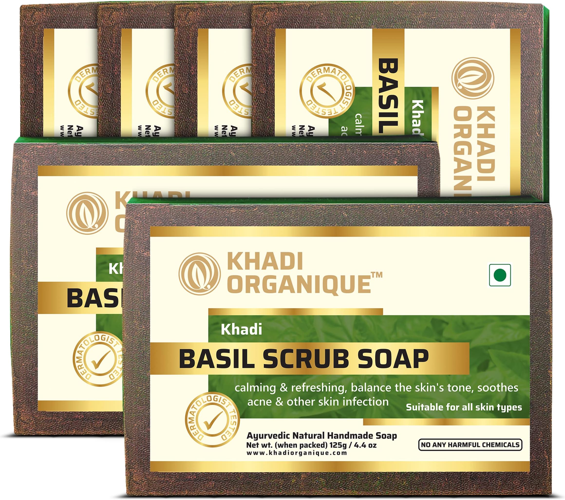 Khadi Organique Natural Herbal Basil Scrub Soap Pack of 6