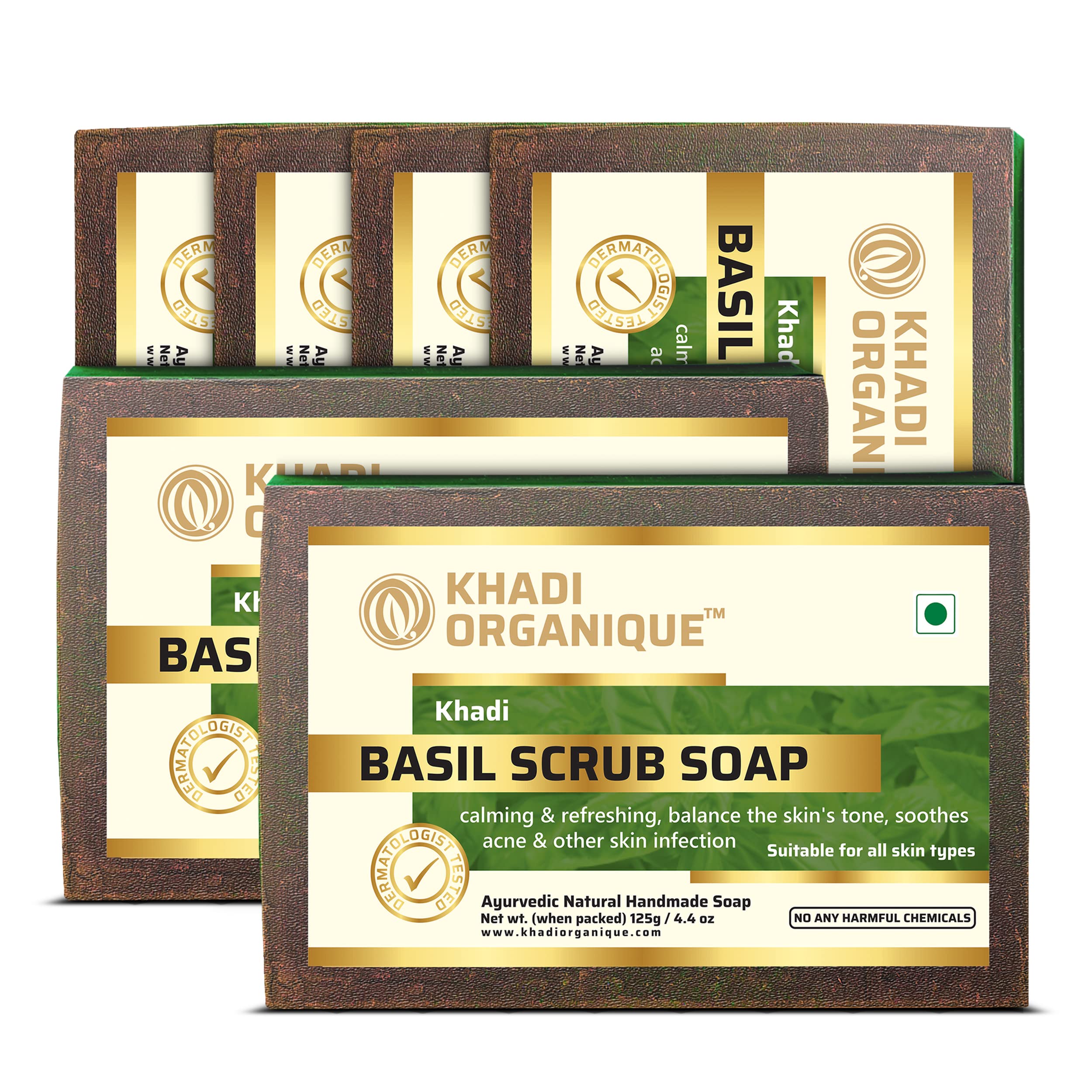 Khadi Organique Natural Herbal Basil Scrub Soap Pack of 6