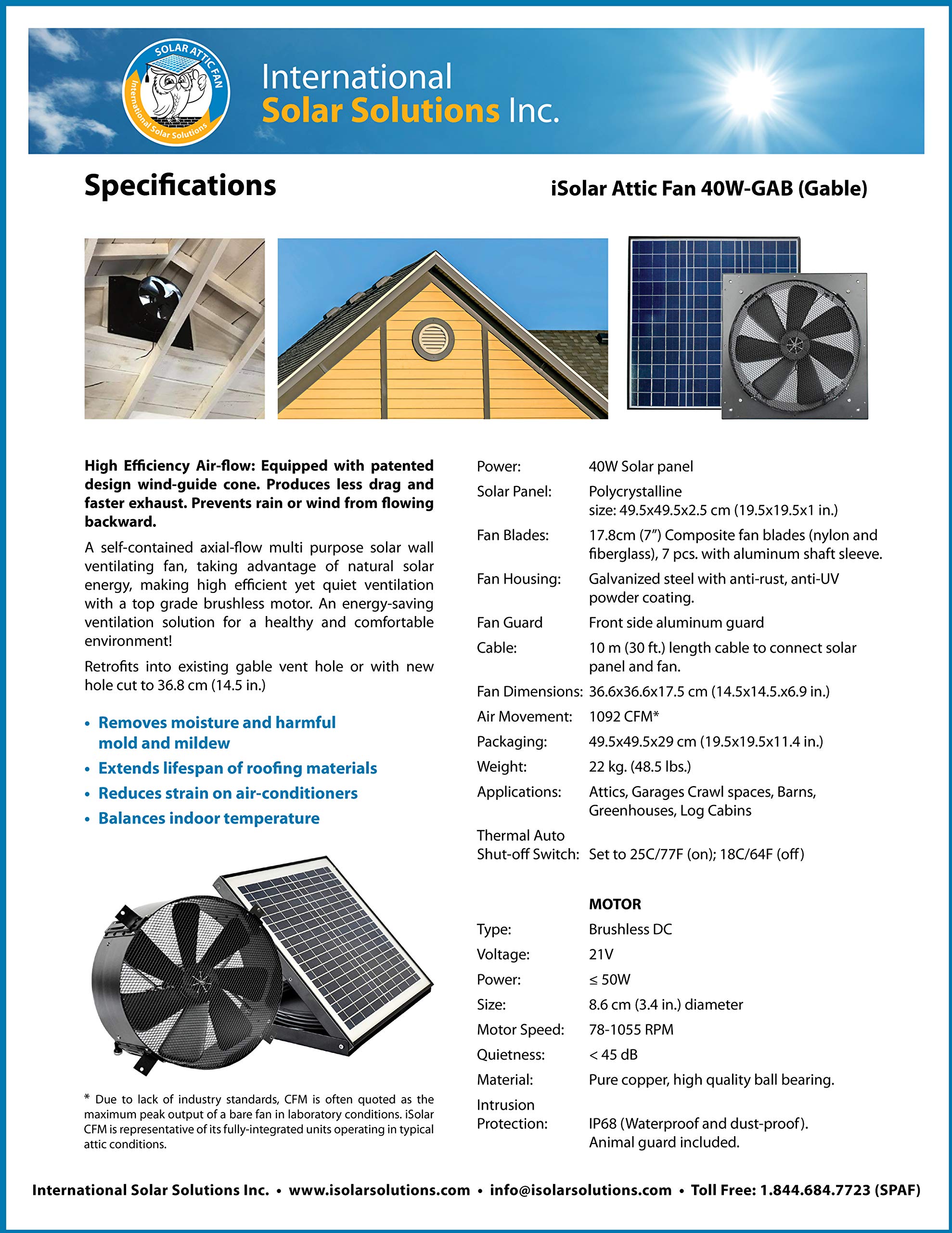 ISolar 40W-GAB Solar Attic Fan - 100% Solar Powered, All-in-One, Reduces Heat & Moisture