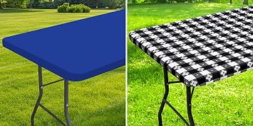 Rectangle Picnic Table Cloth, Waterproof Elastic Fitted Tablecloths for Camping, Indoor and Outdoor Blue + Black & White, 30"x48" & 30" x 72"