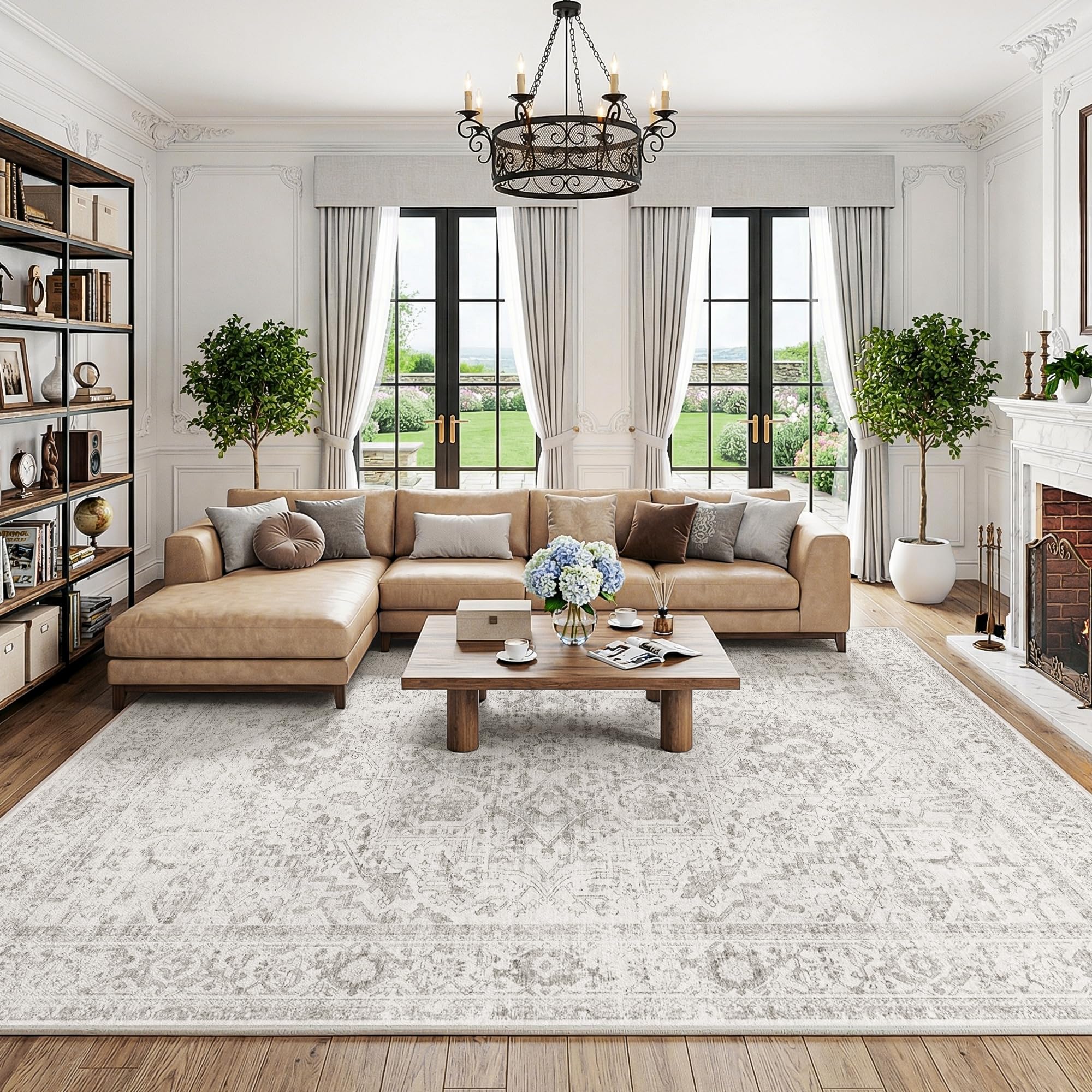 Beauoop Washable Area Rug Grey Neutral 200x300 cm Large Vintage Distressed Non Slip Carpet for Living Room Bedroom Soft Low Pile Indoor Oriental Retro Thin Rug for Dining Room Kitchen Nursery Office