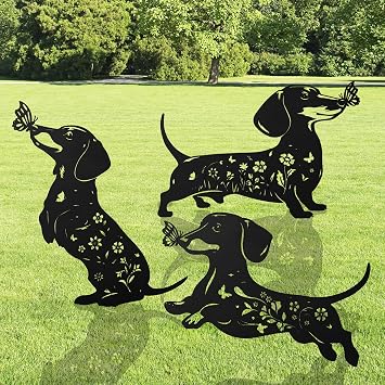 Romart Dachshund Decorative Garden Stakes, 3 Pcs Wiener Dog Gifts Metal Garden Stakes for Women Men, Dachshund Butterfly Flower Outdoor Yard Art Lawn Decor