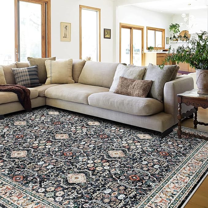 YOUFORTONG Washable 8x10 Area Rugs: Rugs for Living Room Ultra Soft Carpet for Bedroom Waterproof Rug Non Slip Rugs for Hardwood Floors (Black, 8x10)