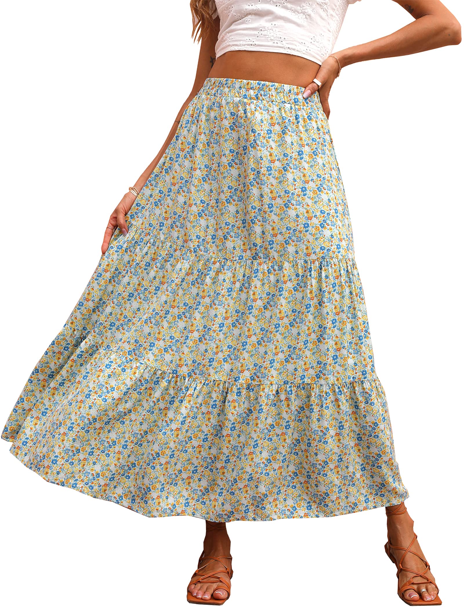 KIRUNDO Women's 2024 Summer Fall High Waist Boho Floral Maxi Skirt Casual Flowy Swing Pleated A Line Beach Long Skirts