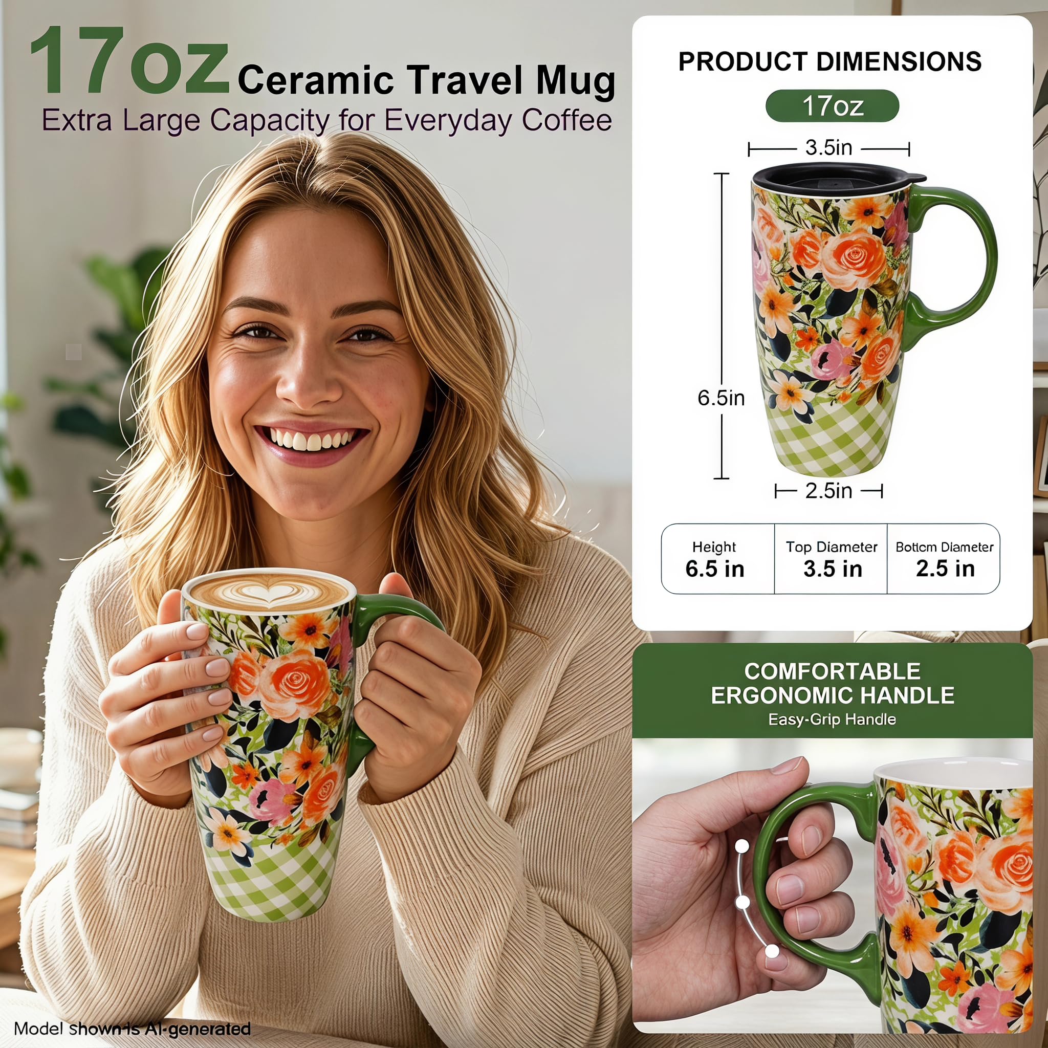 DUSVALLY Taza de café de cerámica para oficina y hogar, pintada única con taza, taza de flores, tazas grandes de 17 onzas, verde