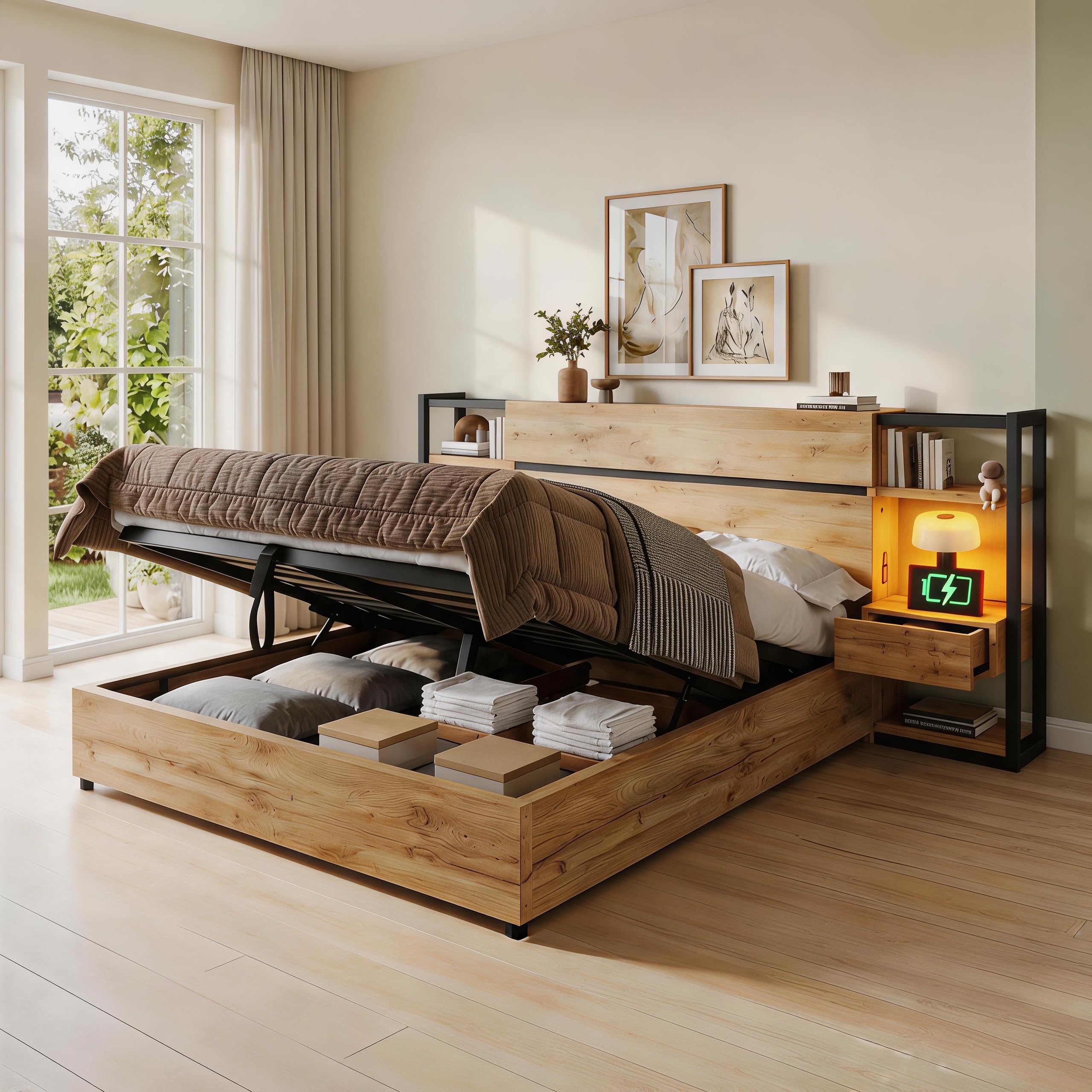 Cama de matrimonio de 160 x 200 cm con cajones y puerto de carga USB y tipo C de madera, cama de almacenamiento hidráulico, cabecero de almacenamiento, somier con listones de madera, acabado