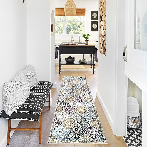 Miniatura 8 de KILOCOCO Alfombra marroquí para pasillos de 2 x 6 pies, diseño floral vintage, lavable, alfombra antideslizante de 6 pies, alfombra bohemia
