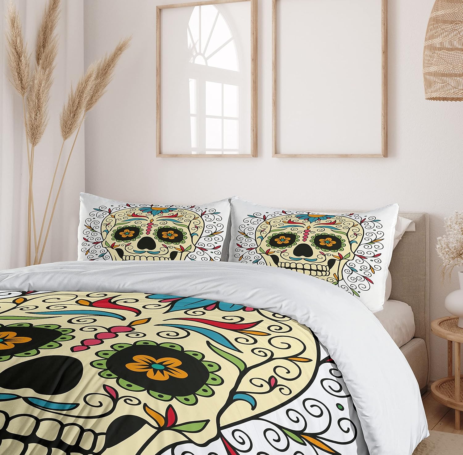 Ambesonne Sugar Skull Duvet Cover Set, Catrina Calavera Featured Ornaments Macabre Remember The Dead Theme, Decorative 2 Piece Bedding Set with 1 Pillow Sham, Twin Size, White Ivory