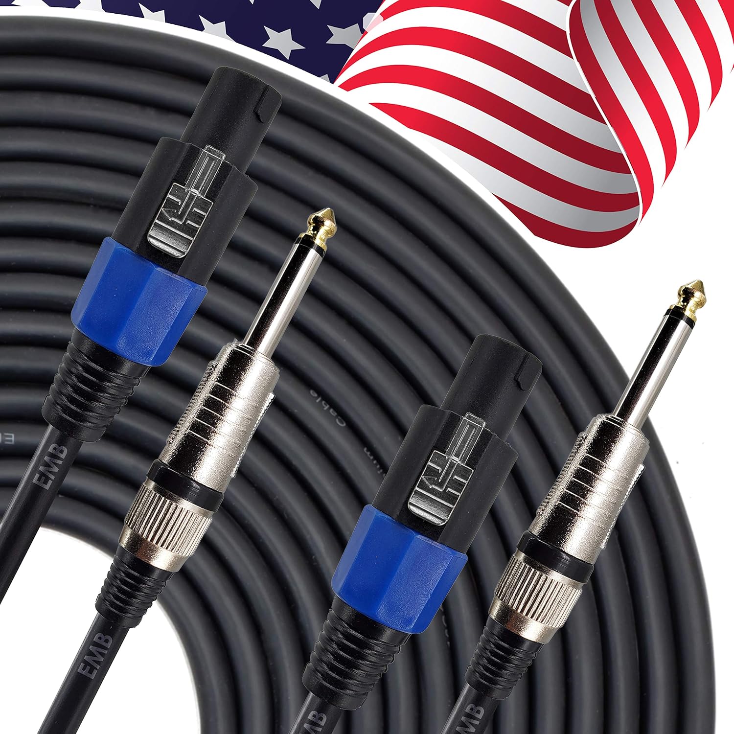 EMB Audio Professional Speaker Cable Speakon to 1/4" Patch Cords for use with DJ, Home, Instrument and Speaker (50FT / 16GA, 1-Pack)