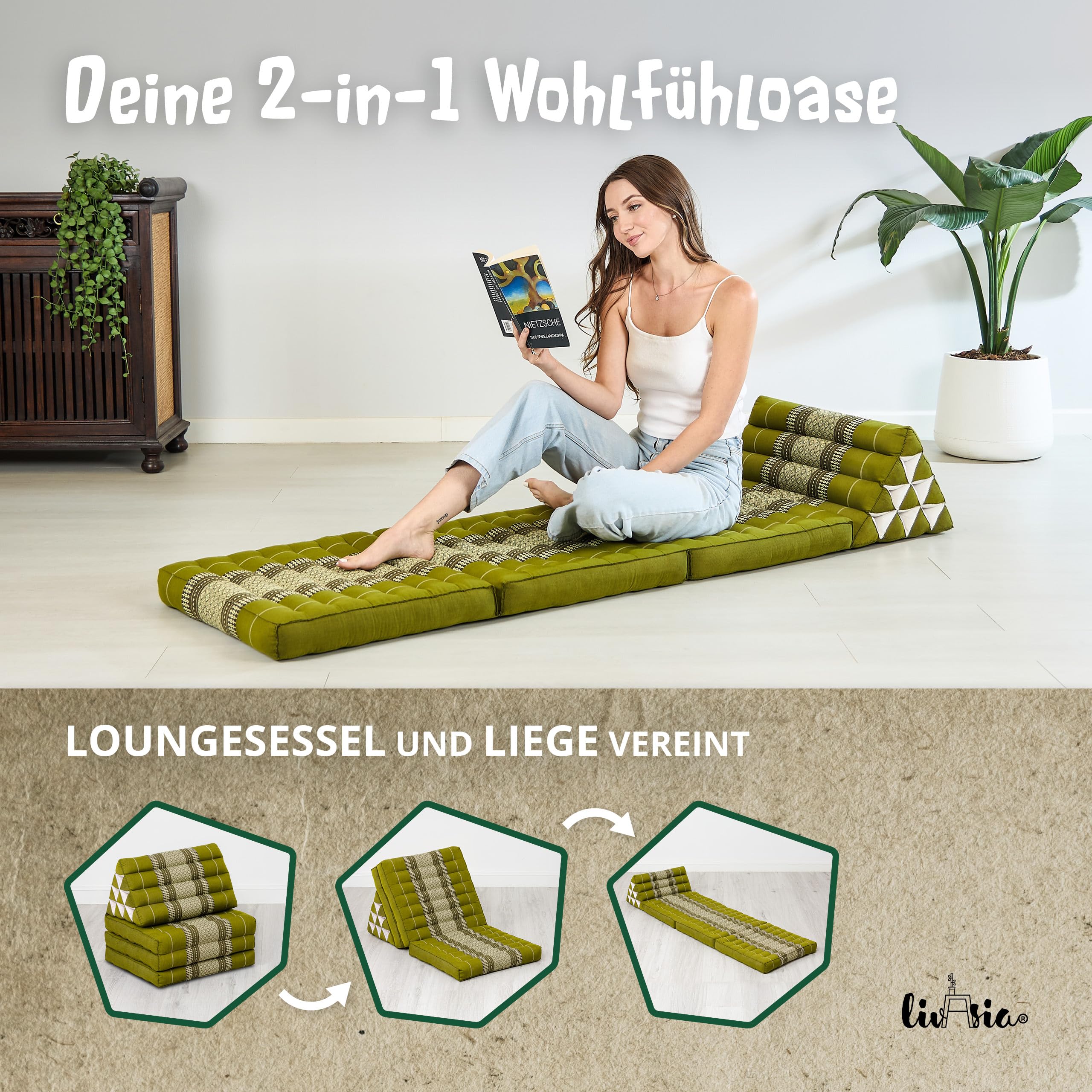 livasia Thaikissen mit 3 Auflagen - 175x50x8cm - Dreieckskissen mit Klappmatratze, Keilkissen Kapok, Rückenkissen faltbar, Thaimatte zum Klappen, handgefertigt, Meditationskissen (Grün)