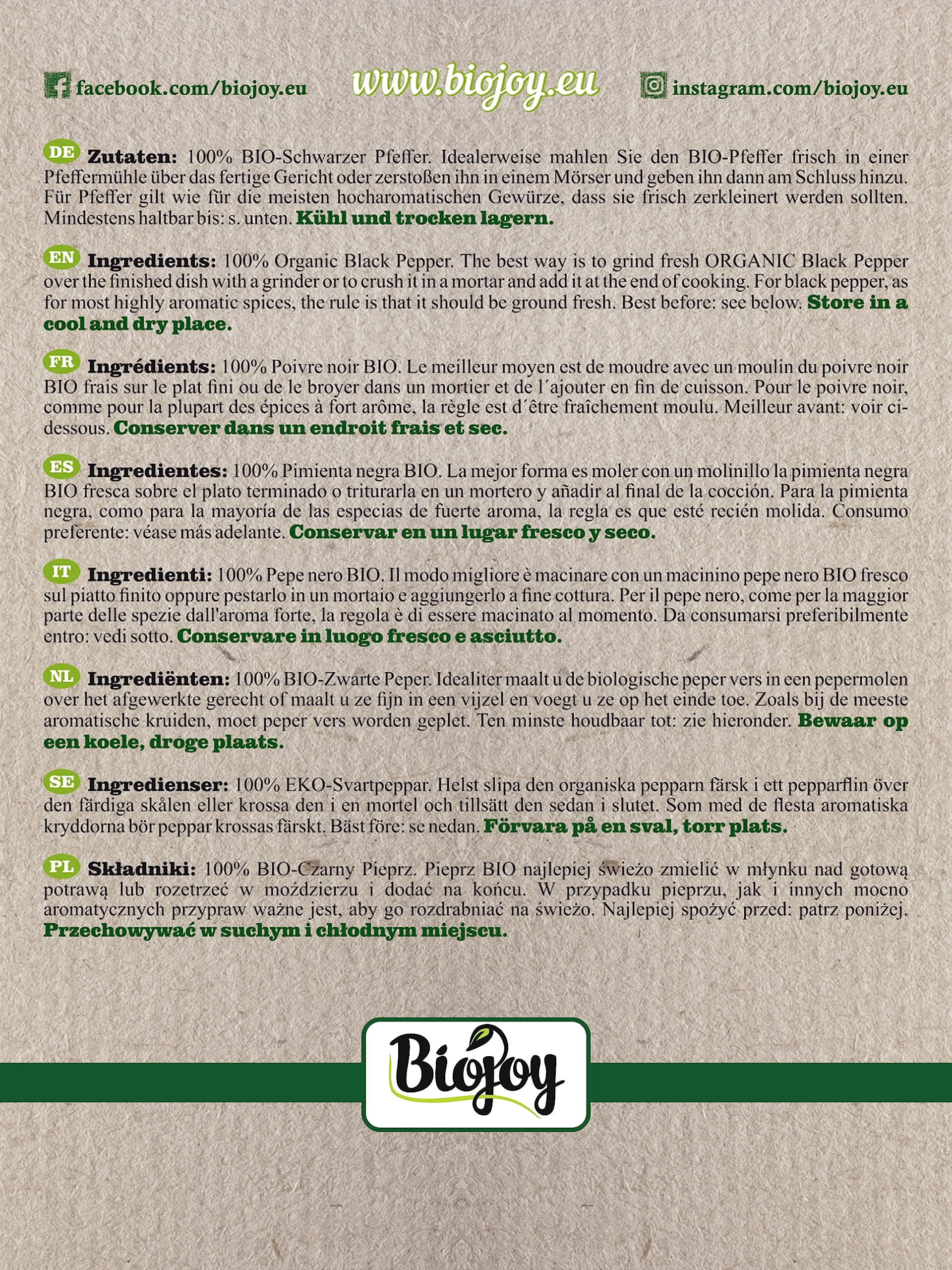 Biojoy BIO-Pepe nero in grani (1 kg), intero, ideale per insaporire, senza additivi (Piper nigrum)