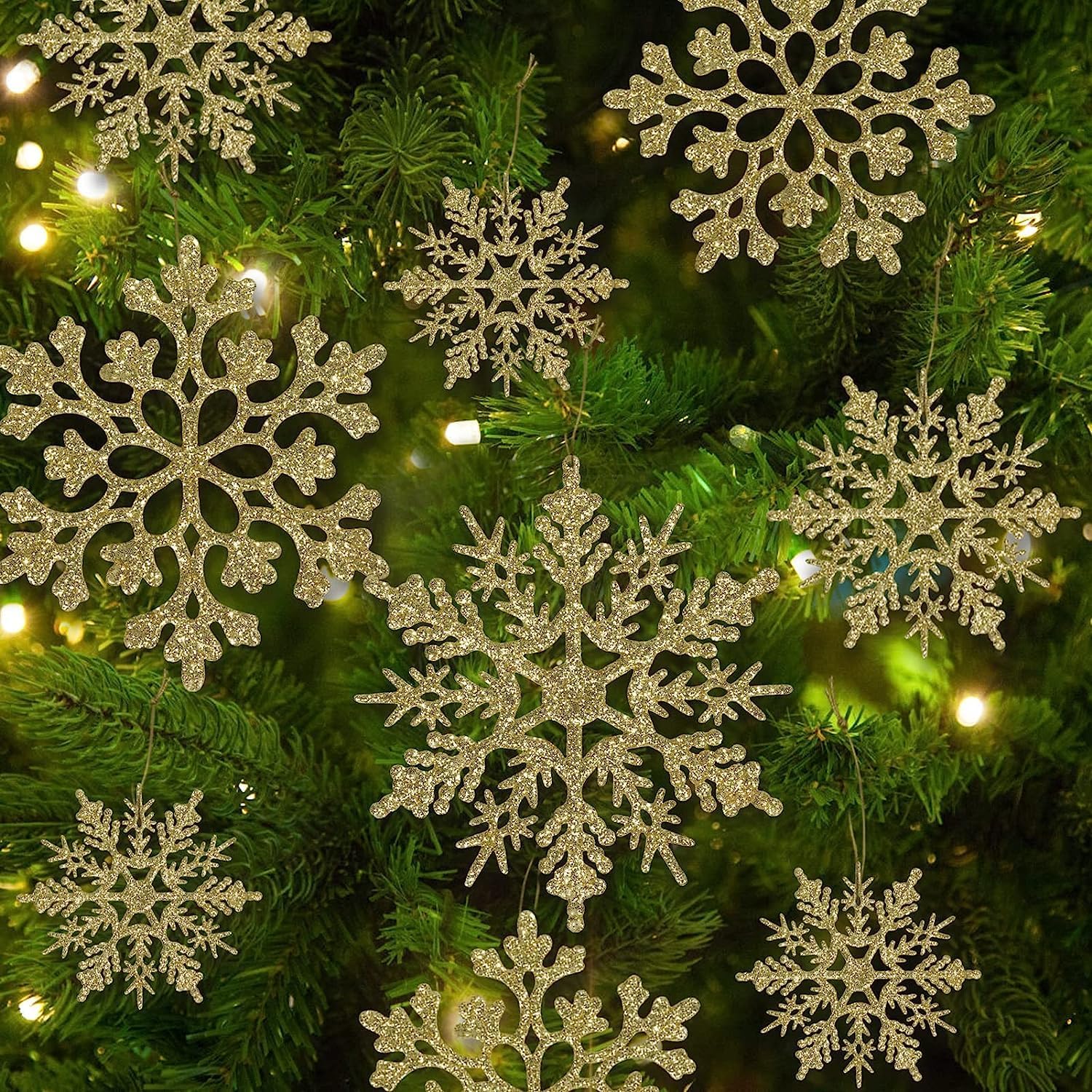 36pcs Christmas Gold whiteSnowflake Ornaments Plastic Glitter Snow Flakes Ornaments for Winter Christmas Tree Decorations Size Varies Craft Snowflakes (Gold)
