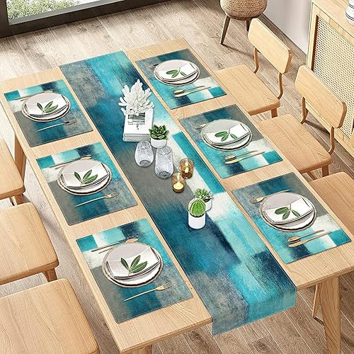 Miniatura 5 de Emvency Juego de 6 caminos de mesa y manteles individuales de granja, lino y algodón, pintura abstracta verde azulado y gris, decoración de mesa de