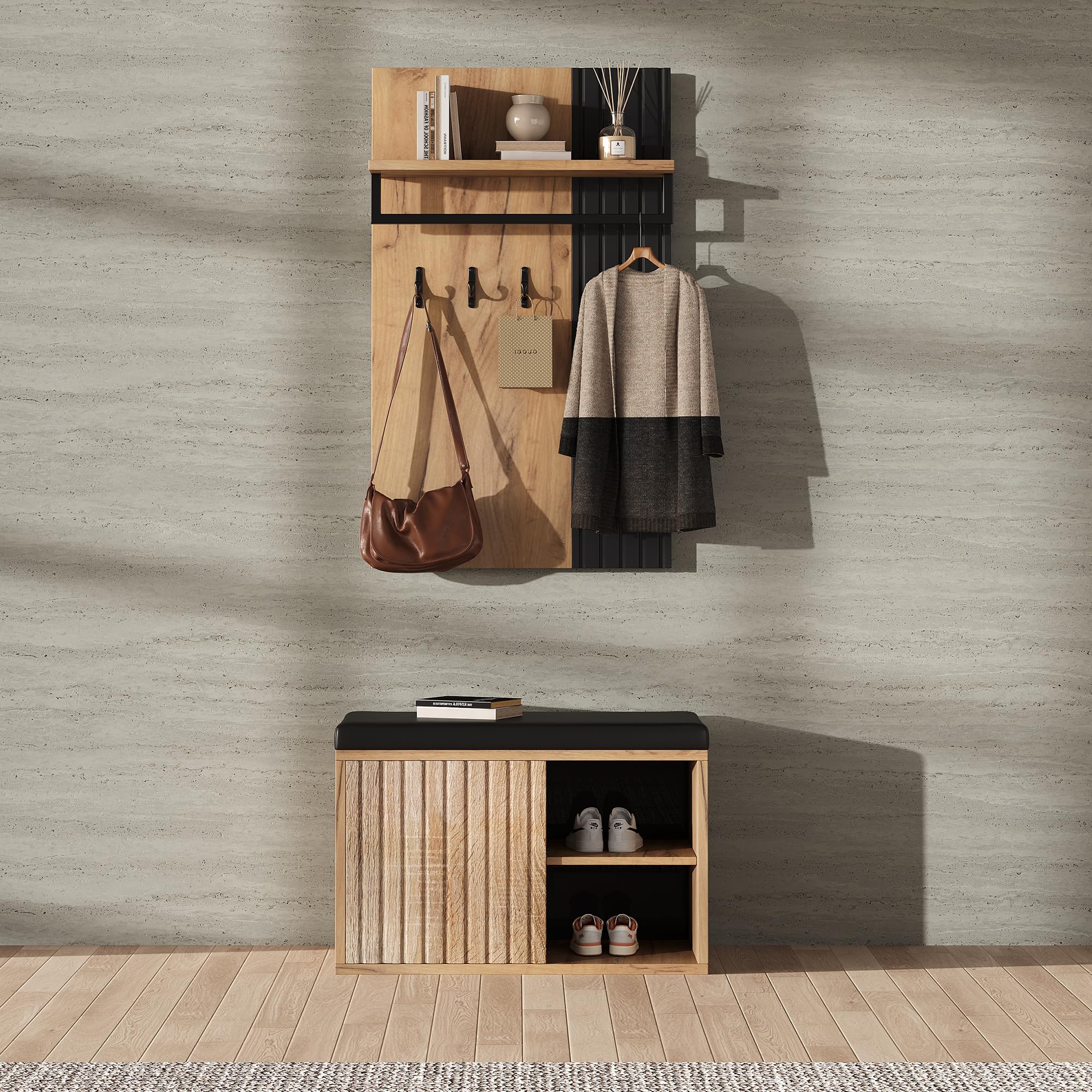 Merax Garderobenset mit Schuhbank, Schuhschrank mit 2 Türen, Flurmöbel mit Rückwand mit 3 Haken, Schwarz & Naturfarben, 70x36x146 cm