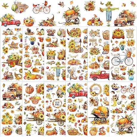 Fall Transfers Rub On - 12 Sheets of Maple Leaf and Pumpkin Decor Stickers