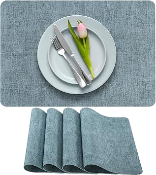 More Decor Faux Leather Placemats Set of 4 for Dining Table Waterproof, Wipeable, Washable, Stain & Heat Resistant, Non-Slip Table Mats 12 X 17 Inch, Blue