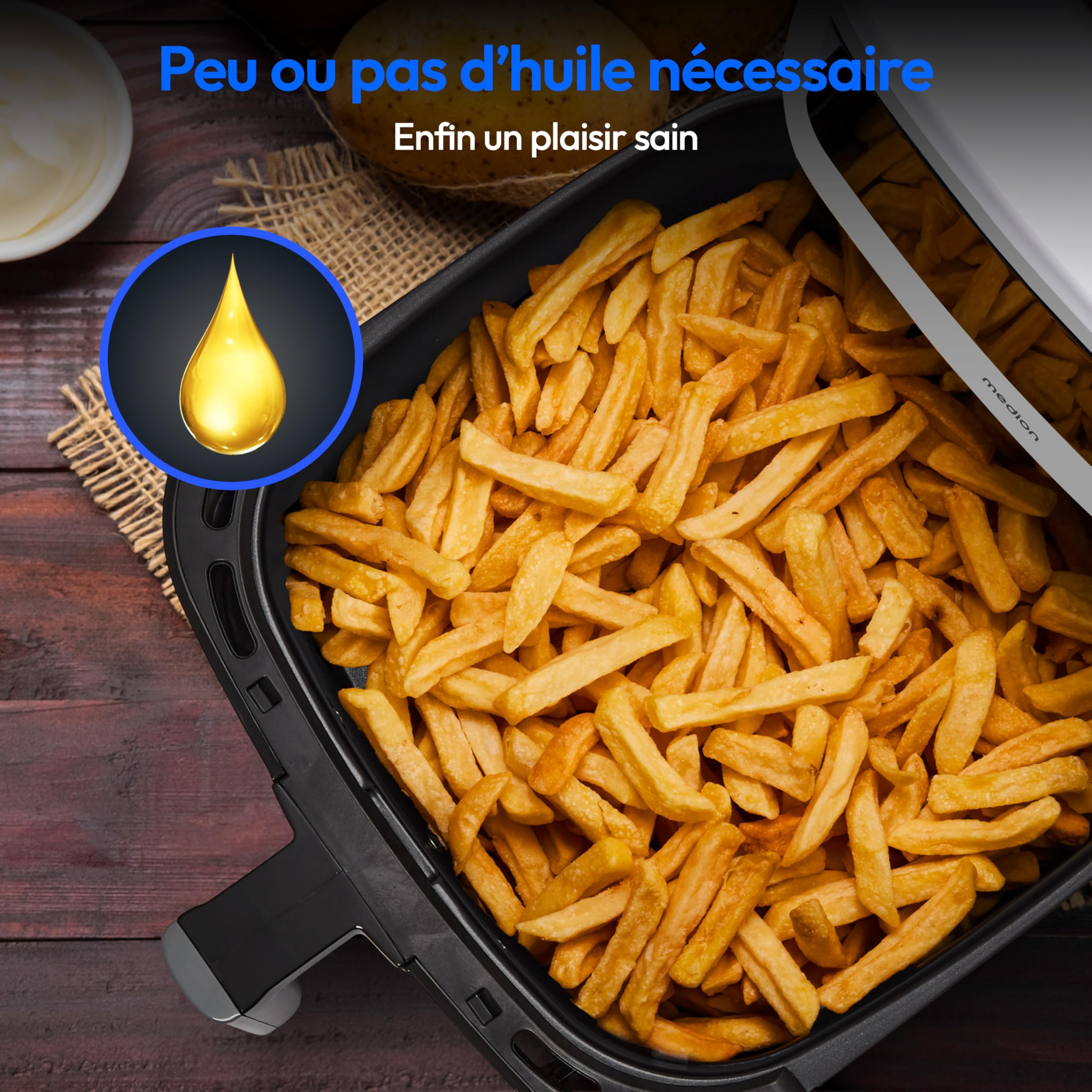 MEDION P10 XL Friteuse à air chaud (6,8 L XXL, Airfryer, 2.150 W, double résistance inox, alarme de secouage, 9 programmes, écran LED tactile) mat