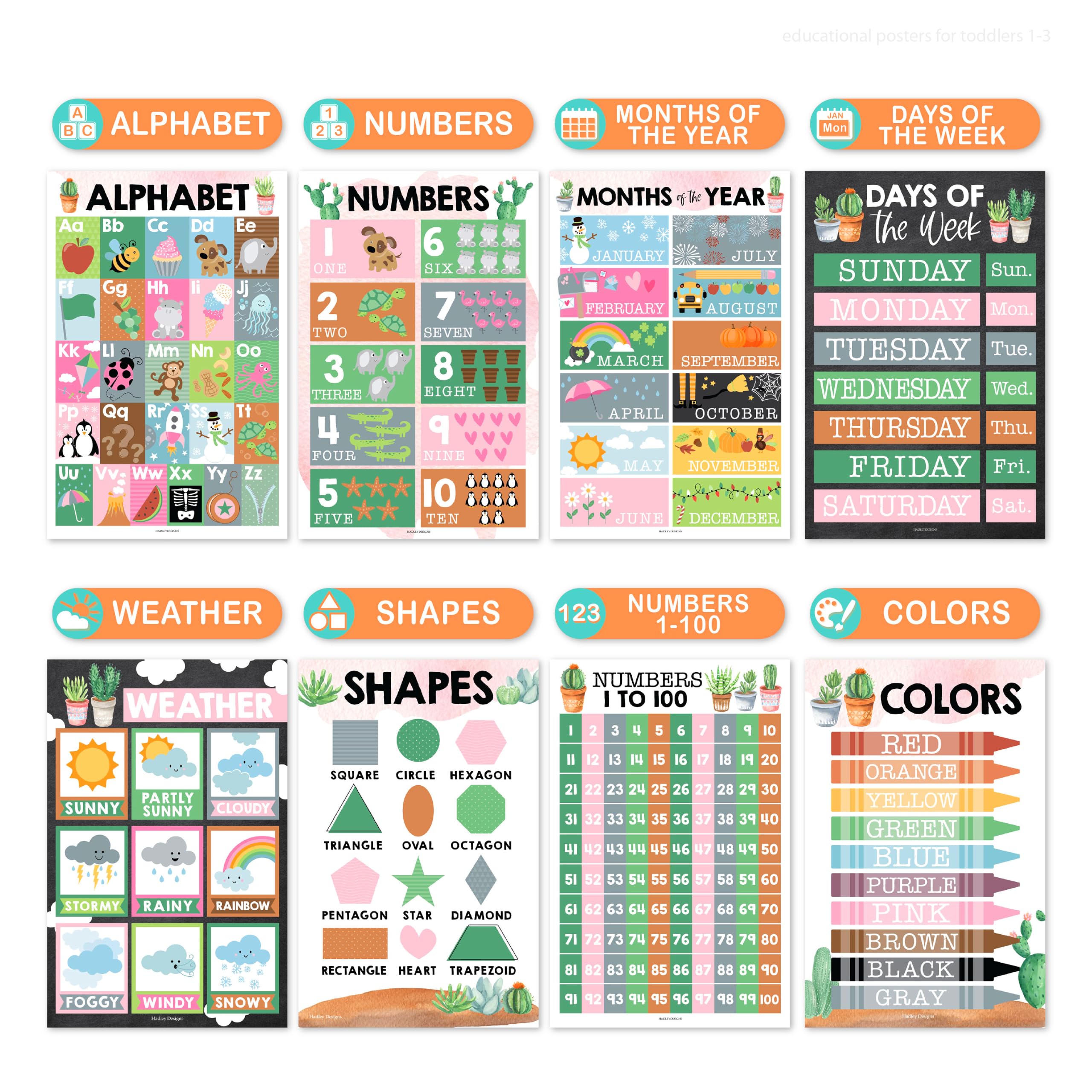 Hadley Designs Lot de 16 affiches éducatives pour les incontournables de la salle de classe – Affiches laminées pré-maternelles pour les tout-petits et les activités d'apprentissage préscolaire