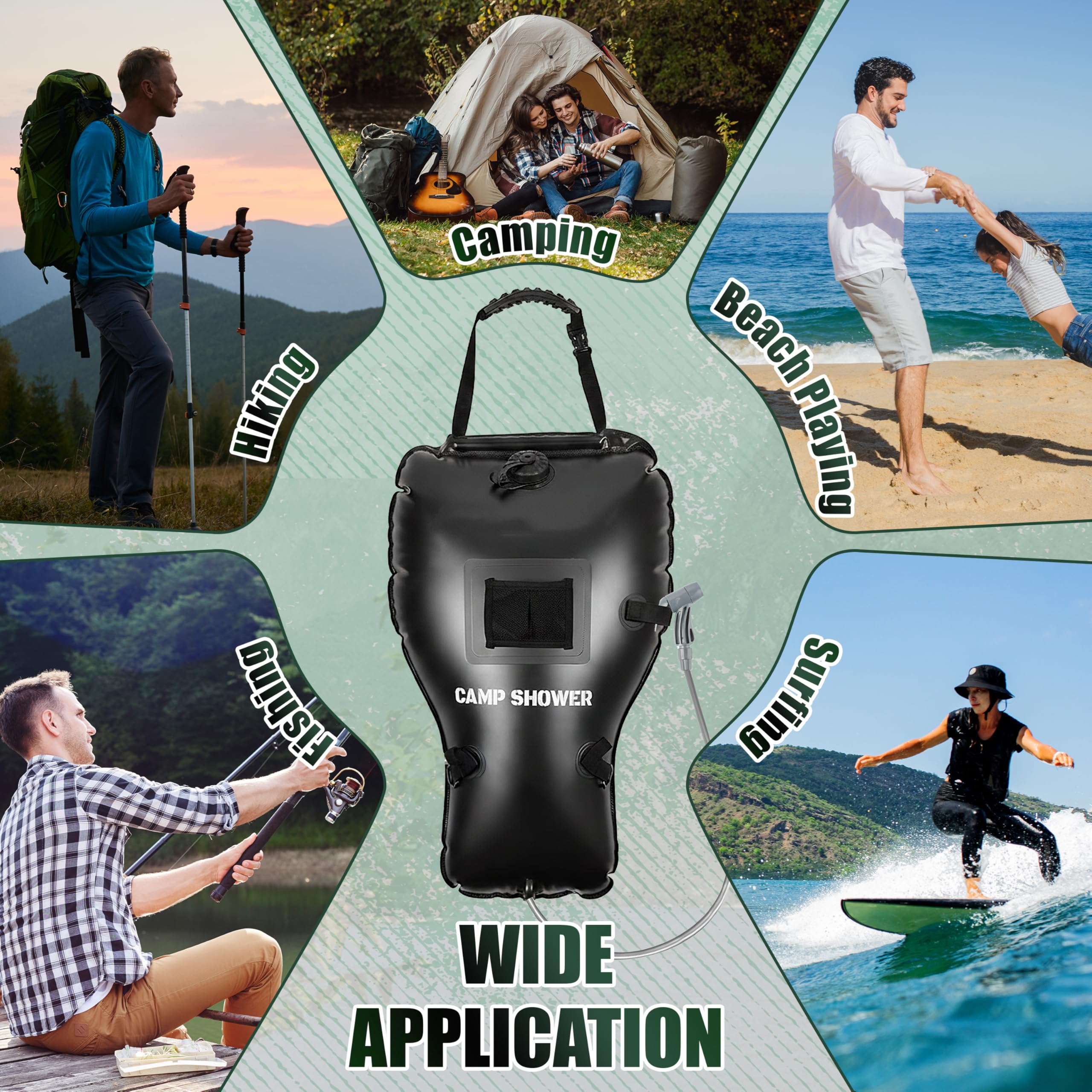 Doccia portatile per campeggio con grande flusso d'acqua da 25 litri, borsa da doccia da campeggio, accessori con tubo rimovibile e soffione per doccia commutabile on-off per escursionismo