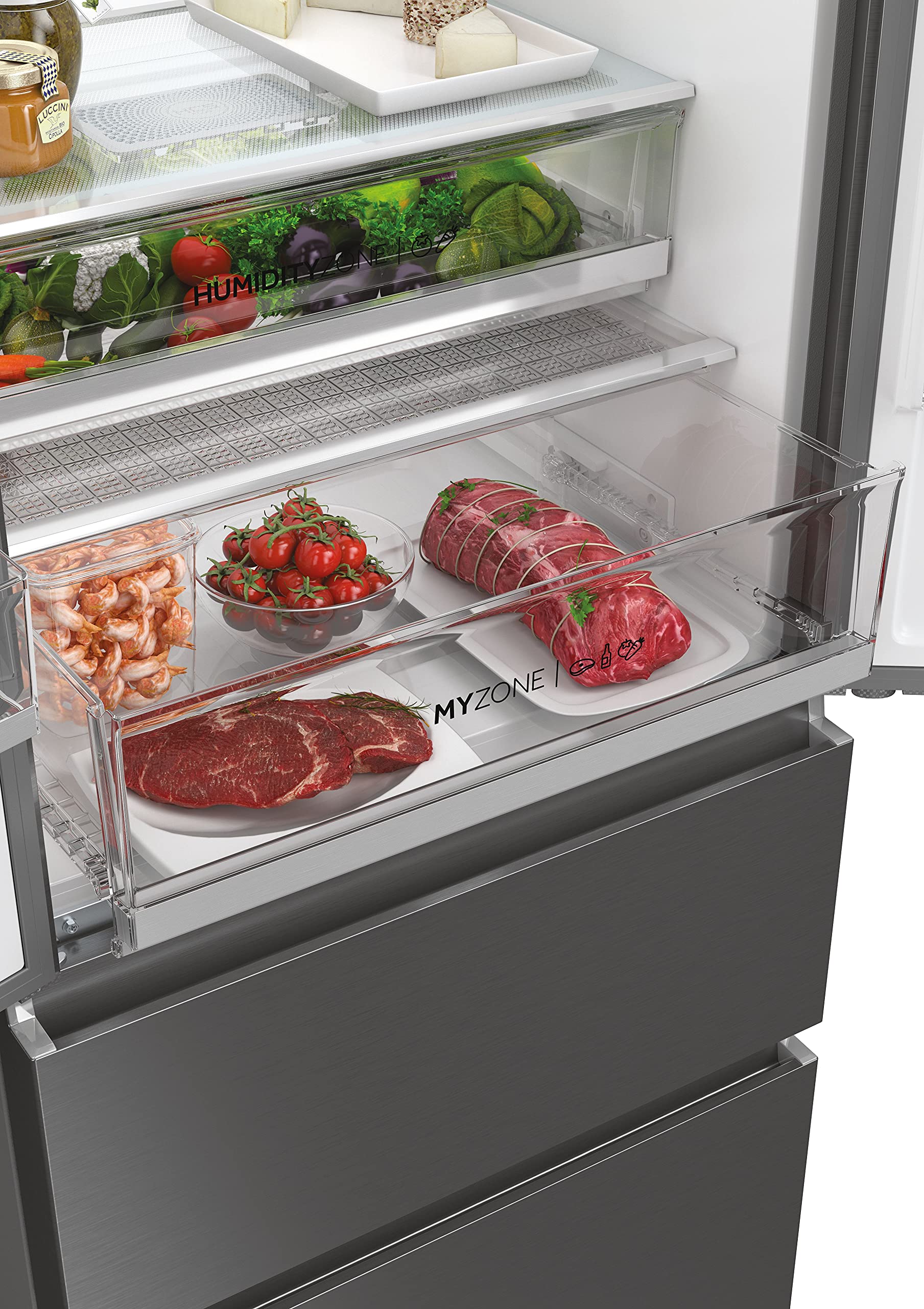Haier HFW7720EWMP Réfrigérateur combiné - Pose libre, 477L, My Zone Plus, Humidity Zone, Fontaine à eau, Smart Home (Wi-Fi), Gris, Classe E