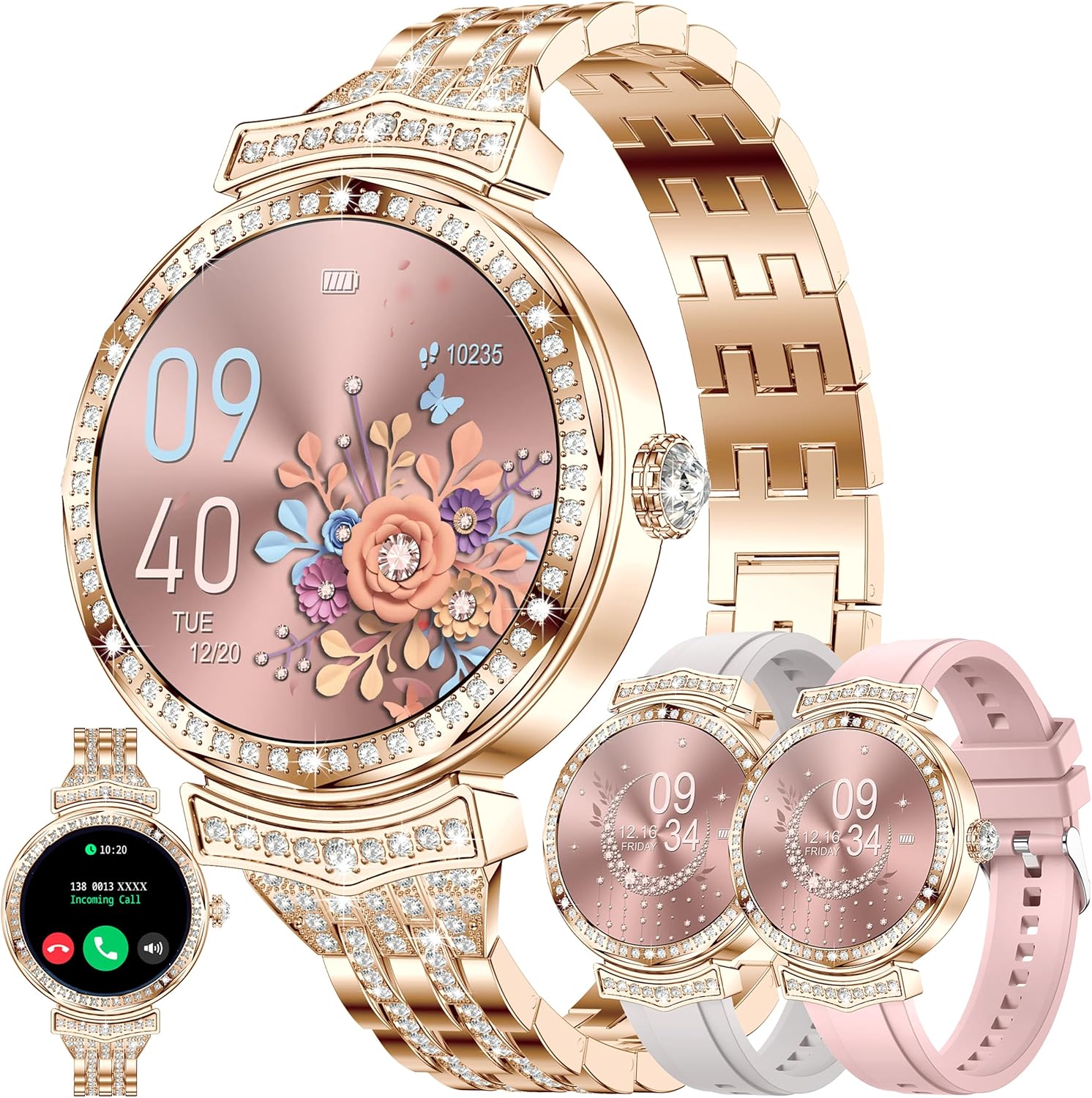 ZPIMY 1.32″ AMOLED Smart Watch for Women(Make/Answer Call), 2024 New 5ATM Waterproof Womens Smartwatches, Fitness Tracker Smartwatch for Android iPhones, Digital Watches Step Counter, 3 Straps (Gold)