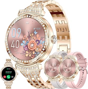 ZPIMY 1.32" AMOLED Smart Watch for WomenMake/Answer Call, 2026 New 5ATM Waterproof Womens Smartwatches, Fitness Tracker Smartwatch for Android iPhones, Digital Watches Step Counter, 3 Straps Gold