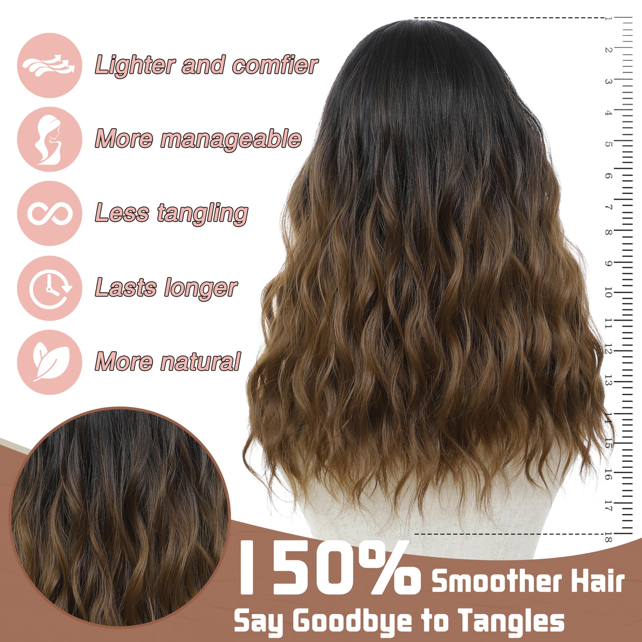 BUPPLER Black Ombre Brown Wig 18 Inch Medium Length Wigs for Women Middle Part Synthetic Hair Wavy Wig with Upgraded Strands,Natural Hair Wigs for Daily Party/Halloween Use 18Inch,Black Ombre Brown - Image 4