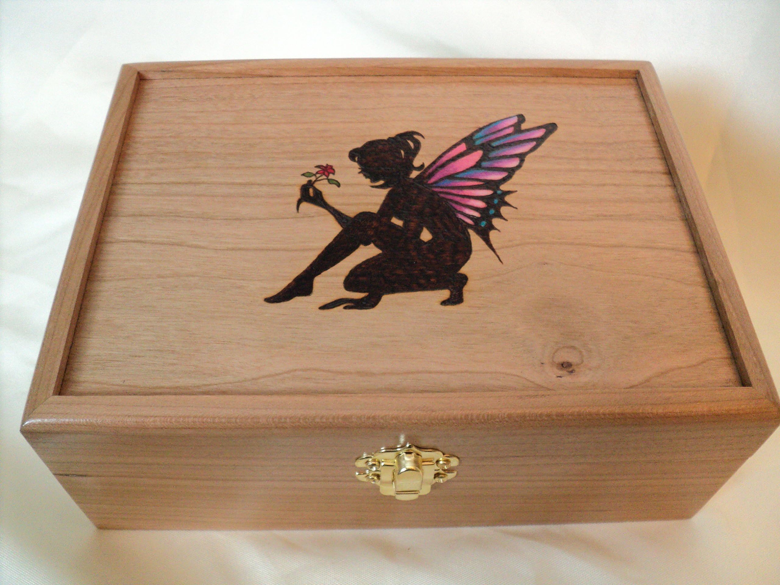 Cherry Wood Woodburned Brightly Colored Fairy and Flower Wooden Jewelry or Keepsake Box, Wood Sprite