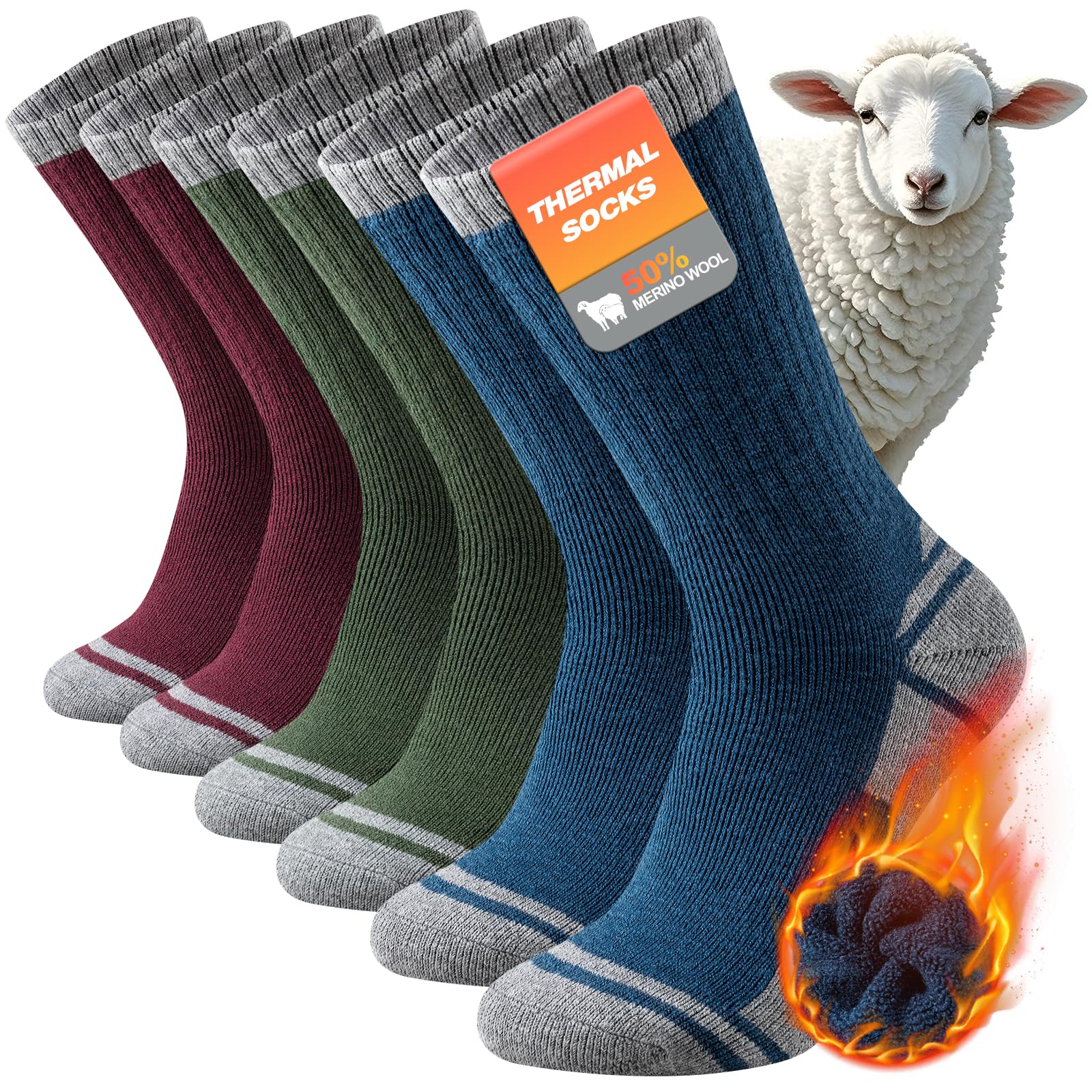 Stoeury Cushioned Walking Hiking Socks Men, Anti Blister Merino Wool Socks, Breathable Wool Crew Sports Work Running Sock 3 Pairs