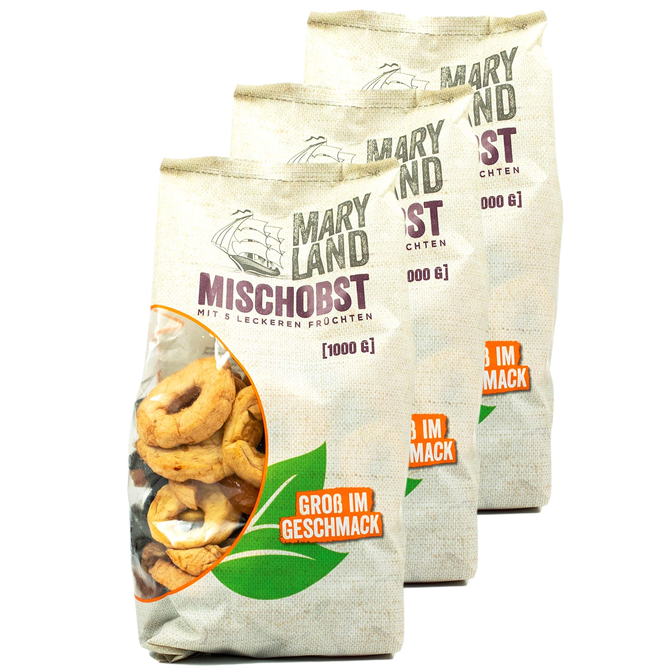 Maryland - 3er Pack Mischobst Trockenfrüchte mit 5 verschiedenen Früchten 1 kg Packung - Getrocknete Früchte Trockenobst Mischung mit Apfelringen, Pflaumen, Aprikosen, Birnen & Pfirsichen (entsteint)