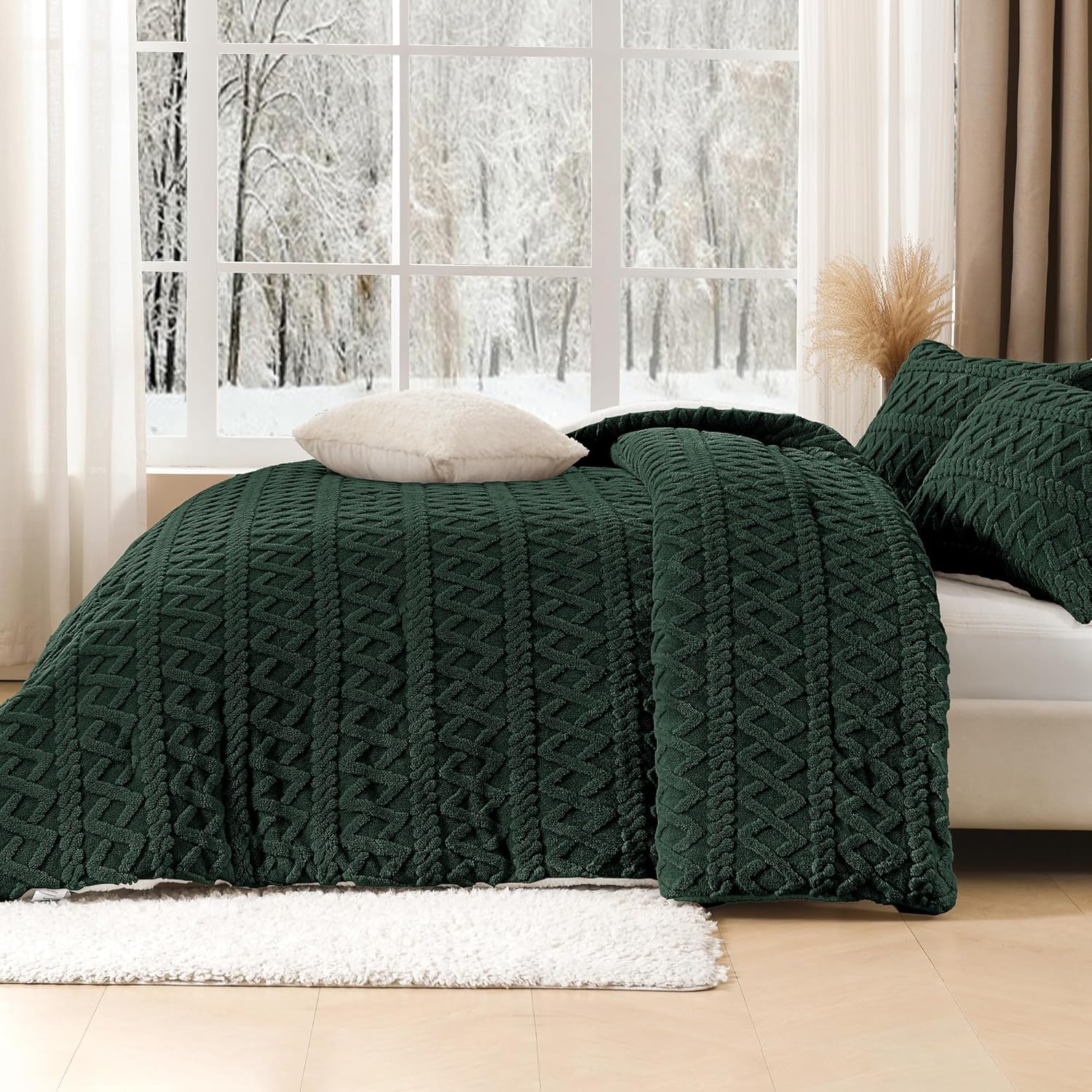 Andency Fluffy Sherpa King Comforter Set Dark Green, Super Soft Emerald Green Fleece Warm Bedding for Winter, Luxury Jacquard Boho Thick Fuzzy Plush Bed Set 3 Pieces(1 Shaggy Comforter, 2 Pillowcases) - Image 8