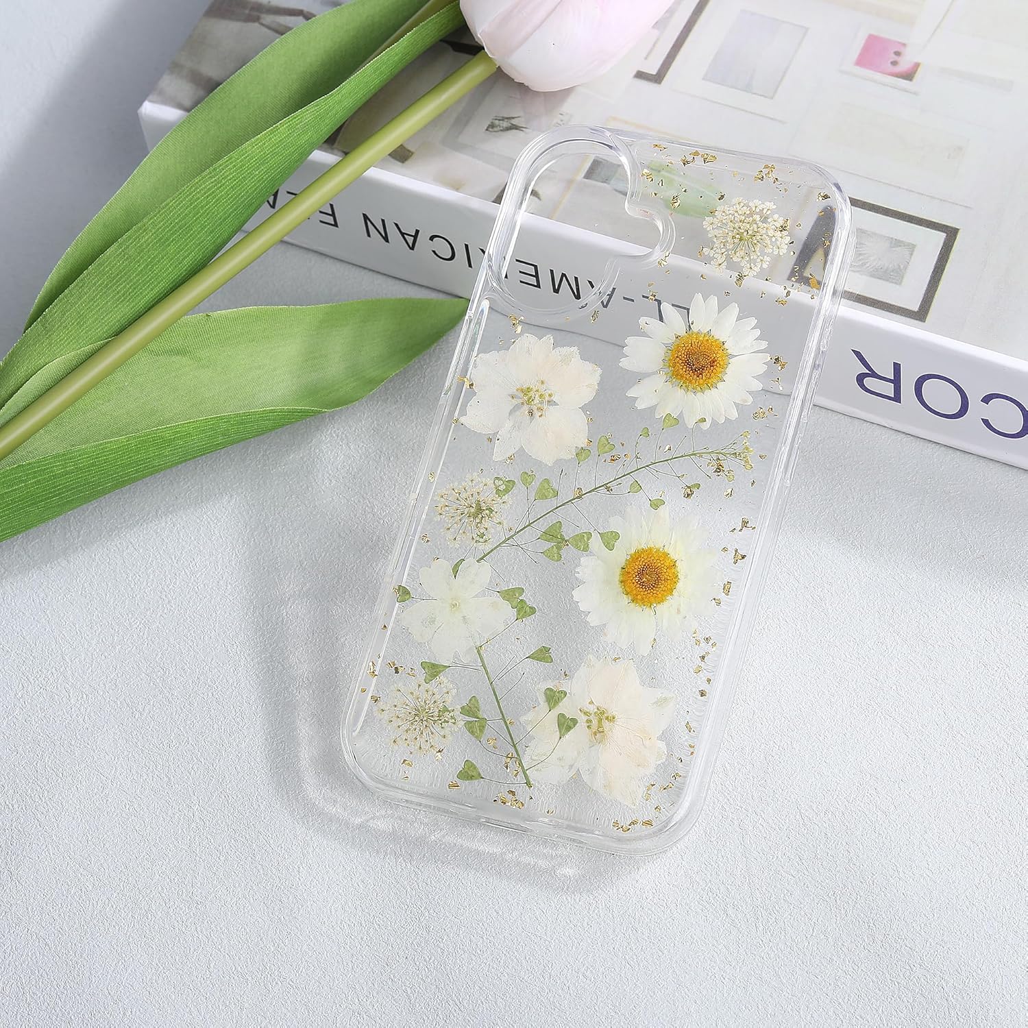 YUCHii for iPhone 16 Clear Case,Aesthetic Floral Phone Case with Pressed Real Flowers Design,Glitter Cute Floral Pattern Women's Phone Case Slim Soft TPU Protective Girl's Phone Cover for iPhone 16 - Image 5