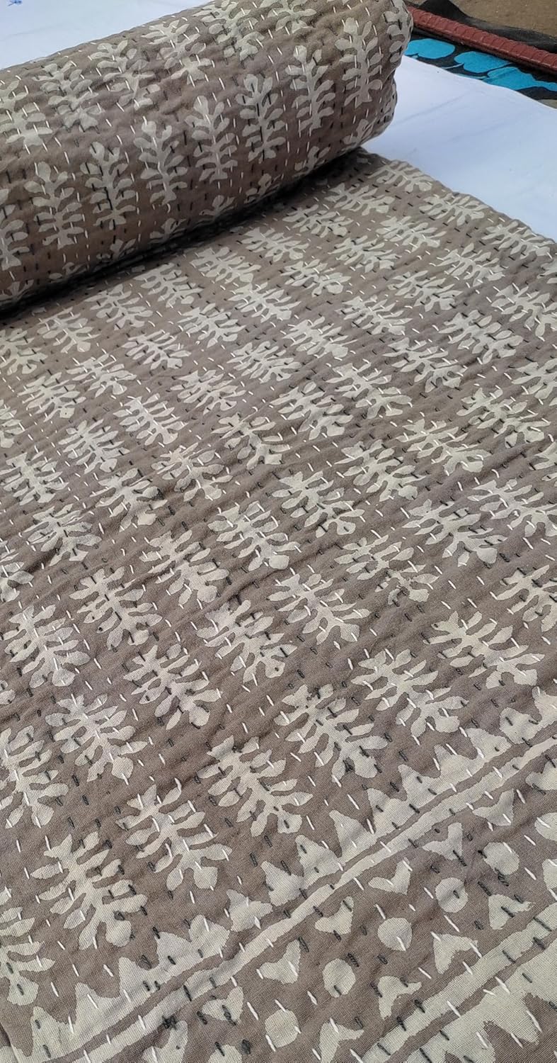 Handmade Brown Kantha Quilt – 100% Cotton Blanket with White Hand Block Print – Lightweight Throw for All Seasons – Boho Bedding (KQ-Beige-Color, Queen (90X108), Bohemian/Indian Folk)
