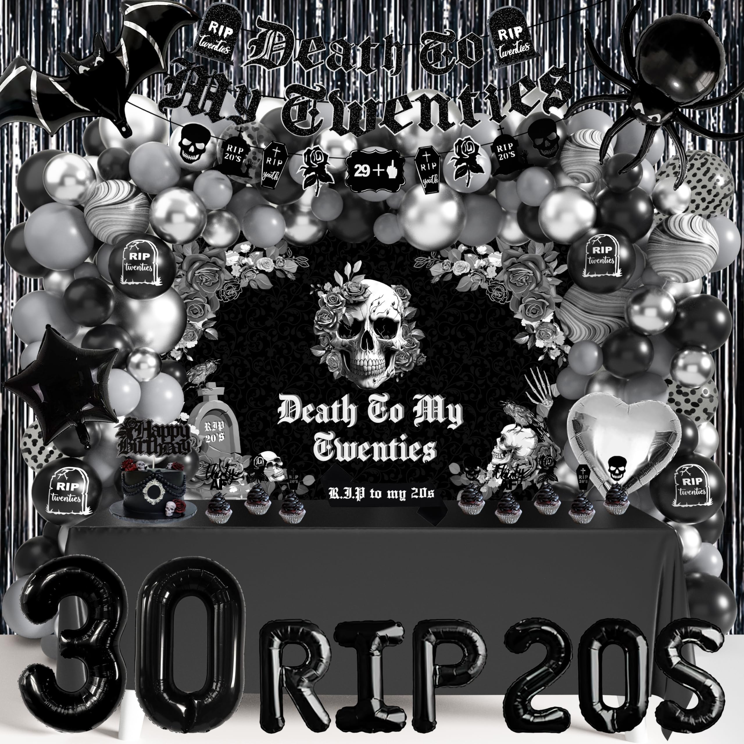 WHYMEO 30th Birthday Party Decorations Pack 97Pcs,Death to My 20s Supplies Including Banner Garland Backdrop Tablecloth Rip Sash Cake Toppers Balloon Set for Funeral Youth Funny Thirtieth Party,Black